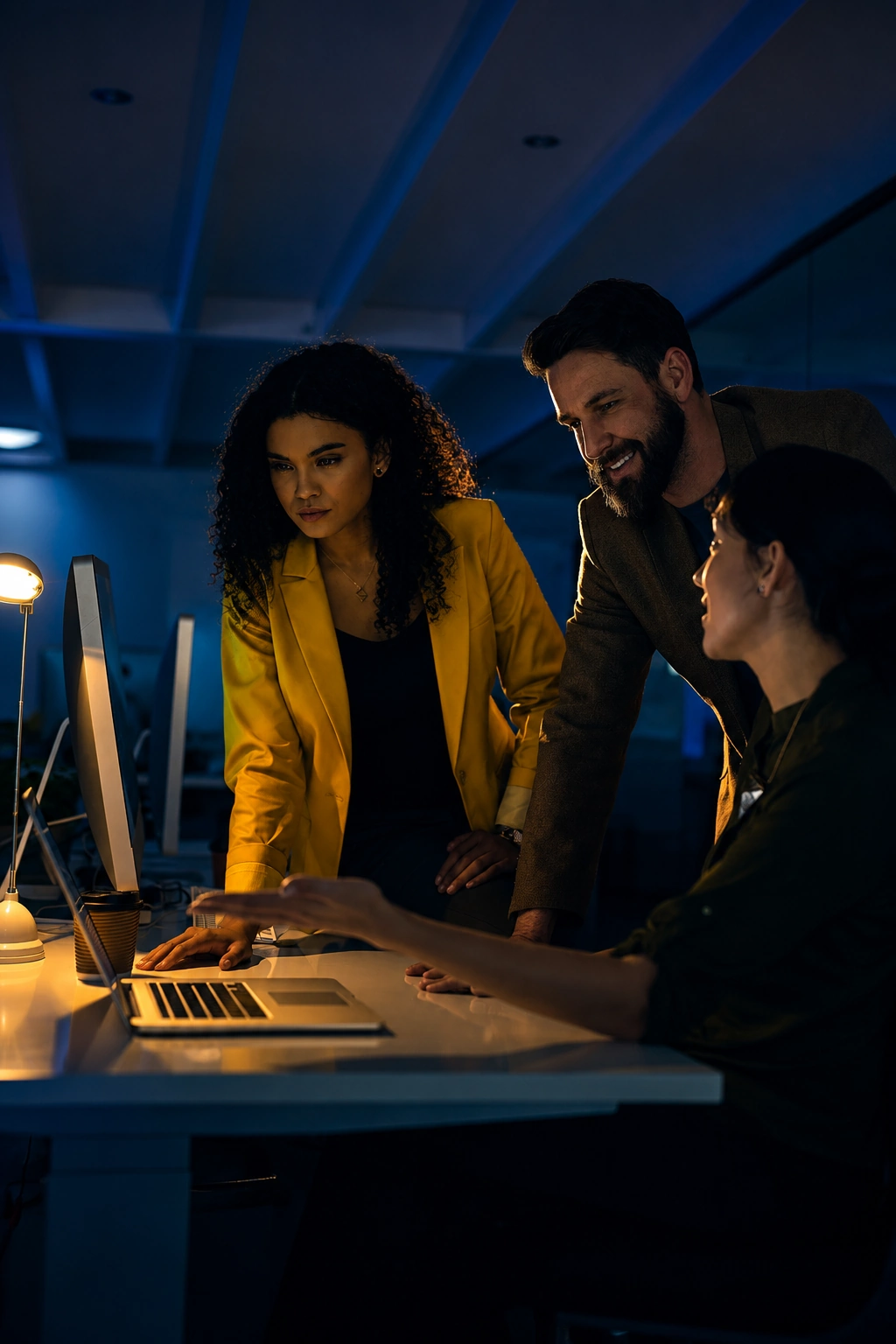 Equipo revisando trabajo digital en un escritorio